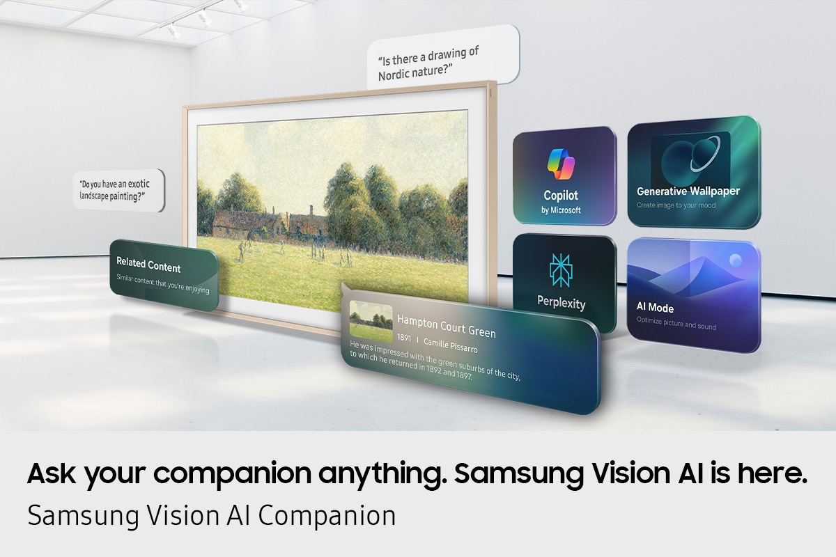 The Frame TV displays artwork as Samsung Vision AI Companion suggests related content and answers art requests through an intelligent on-screen interface.