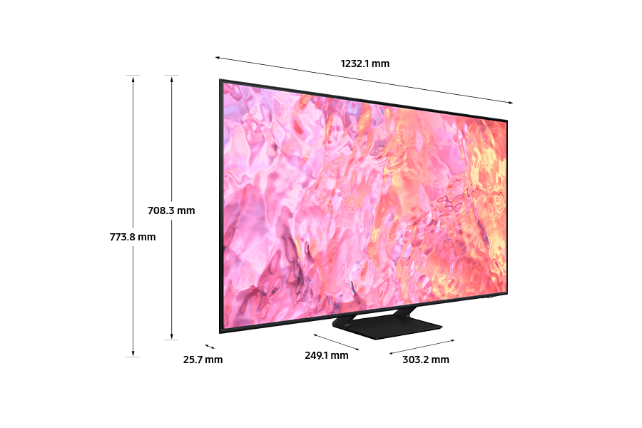 Dimension of Samsung QLED TV (1232.1 x 773.8 x 249.1 mm) Q61C with black center stand