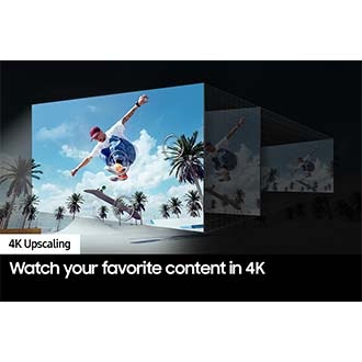 4K Upscaling technology works behind the scenes to optimize the details of an airborne skateboarder into great clarity.