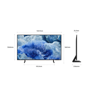 Dimension of Samsung QLED Q8F screen only (1232.1 x 708.8 x 25.7 mm). Height with Black Aero Linear Stand (768.1 mm). Dimension of  Black Aero Linear Stand (910 x 238.6 mm).