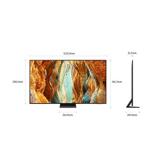Dimension of Samsung Neo QLED QN70F screen only (1232.9 x 709.2 x 25.7 mm). Height with Black Aero Center Stand (765.7 mm). Dimension of Black Aero Center Stand (263.9 x 247.4 mm).
