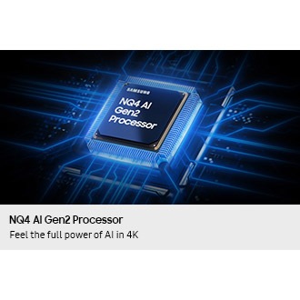 Samsung NQ4 AI Gen2 Processor chip descends on the TV's main board and lights up with waves of power surging from the chip to the rest of the TV.