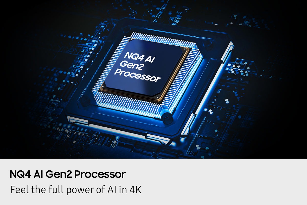 Samsung NQ4 AI Gen2 Processor is laid out on a TV's main board with lights glowing from the chip to the rest of the TV.
