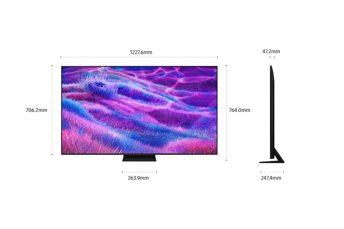 Dimension of Samsung Neo QLED QN83F screen only (1227.6 x 706.2 x 47.2 mm). Height with Black Aero Center Stand (764.0 mm). Dimension of Black Aero Center Stand. (263.9 x 247.4 mm).