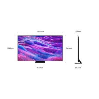 Dimension of Samsung Neo QLED QN83F screen only (1227.6 x 706.2 x 47.2 mm). Height with Black Aero Center Stand (764.0 mm). Dimension of Black Aero Center Stand. (263.9 x 247.4 mm).