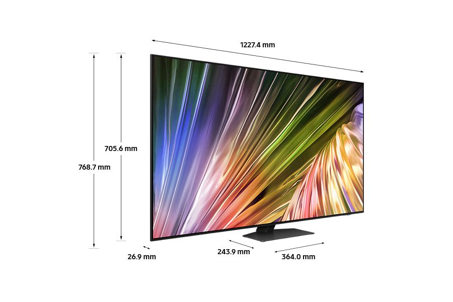 Dimension of Samsung Neo QLED TV 1227.4 x 768.7 x 243.9 QN87D with black sharp neck pentagon stand