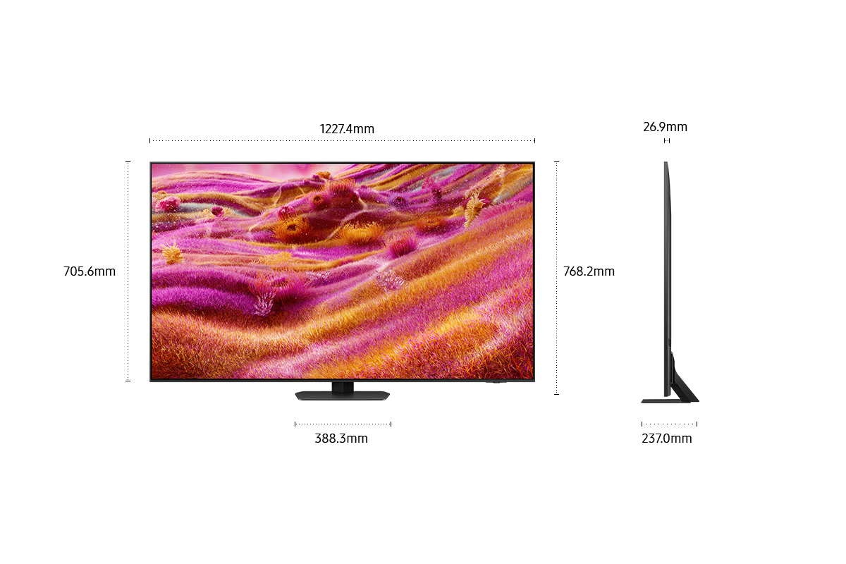 Dimension of Samsung Neo QLED QN90F screen only (1227.4 x 705.6 x 26.9 mm). Height with Titan Black Sharp Neck Hexagon Stand (768.2 mm). Dimension of Titan Black Sharp Neck Hexagon Stand. (388.3 x 237.0 mm).