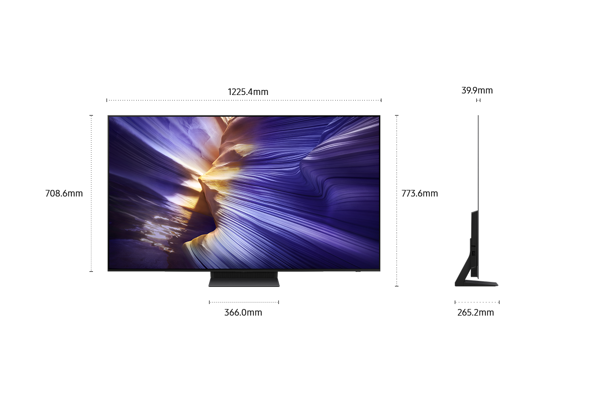 Dimension of Samsung OLED S90F screen only (1225.4 x 708.6 x 39.9 mm). Height with Graphite Black Simple Plus Blade Stand (773.6 mm). Dimension of Graphite Black Simple Plus Blade Stand. (366.0 x 265.2 mm).