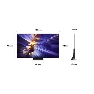 Dimension of Samsung OLED S90F screen only (1225.4 x 708.6 x 39.9 mm). Height with Graphite Black Simple Plus Blade Stand (773.6 mm). Dimension of Graphite Black Simple Plus Blade Stand. (366.0 x 265.2 mm).