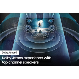 A QLED TV is showing a child playing in the rain. Surround sound emitted from Dolby Atmos' top channel speakers is filling the room.