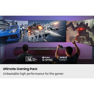 Two men gaming in living room. 3 large screens display different games 165 Motion Xcelerator 165Hz, Nvidia G-Sync and AMD FreeSync Premium Pro logos.