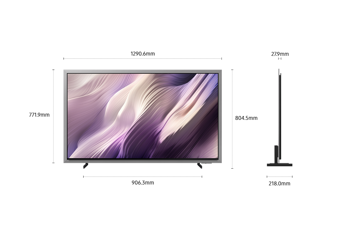 Dimension of Samsung OLED S95H screen only (1290.6 x 771.9 x 27.9 mm). Height with Black Round Feet Stand (804.5 mm). Dimension of Black Round Feet Stand. (906.3 x 218.0 mm).