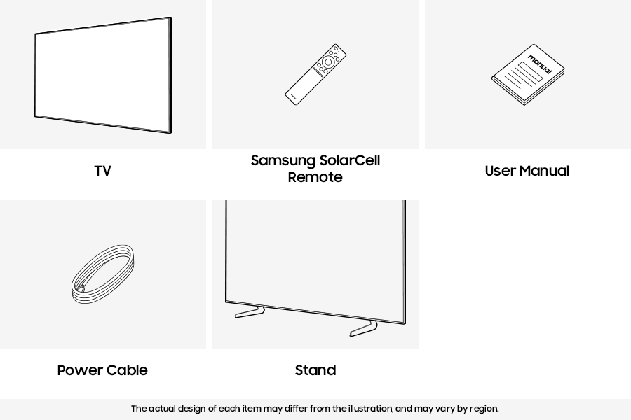 Samsung 2026 OLED S95H box contains Remote Control, User manual, Power Cable, and Stand.