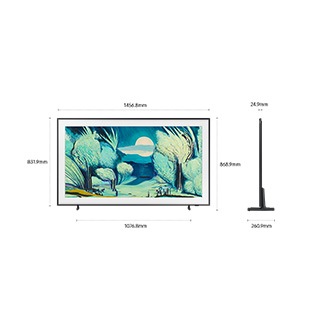 Dimension of Samsung The Frame LS03F screen only (## x ## x ## mm). Height with Simple Black Stand (## mm). Dimension of Simple Black Stand. (## x ## mm).