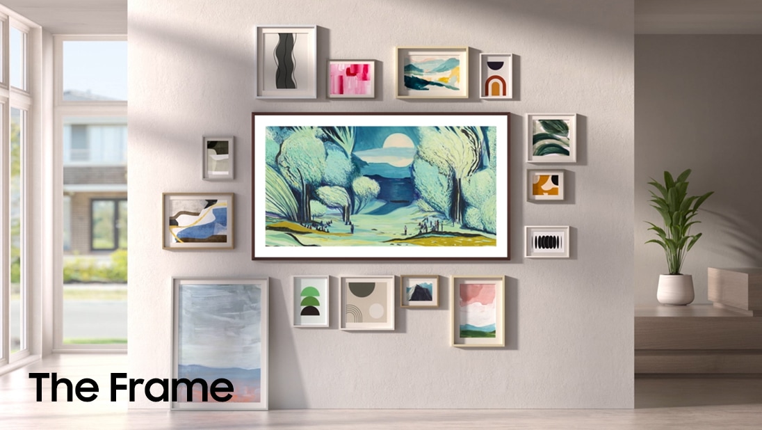 Samsung The Frame TV wall-mounted in a modern home displays artwork, seamlessly blending in with other artworks around it.