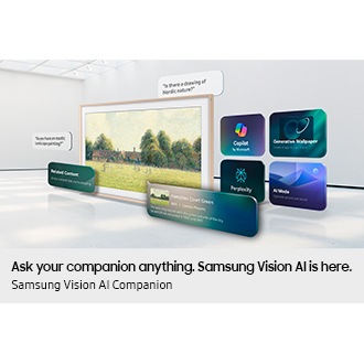 The Frame TV displays artwork as Samsung Vision AI Companion suggests related content and answers art requests through an intelligent on-screen interface.
