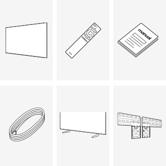 Samsung 2026 The Frame LS03HE box contains TV, Remote Control, Power Cable, User manual, Stand, and Wall-Mount.