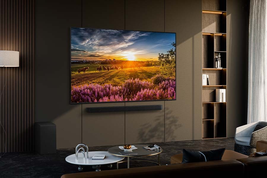 Q61D and Soundbar mounted on the wall of a contemporary living room.