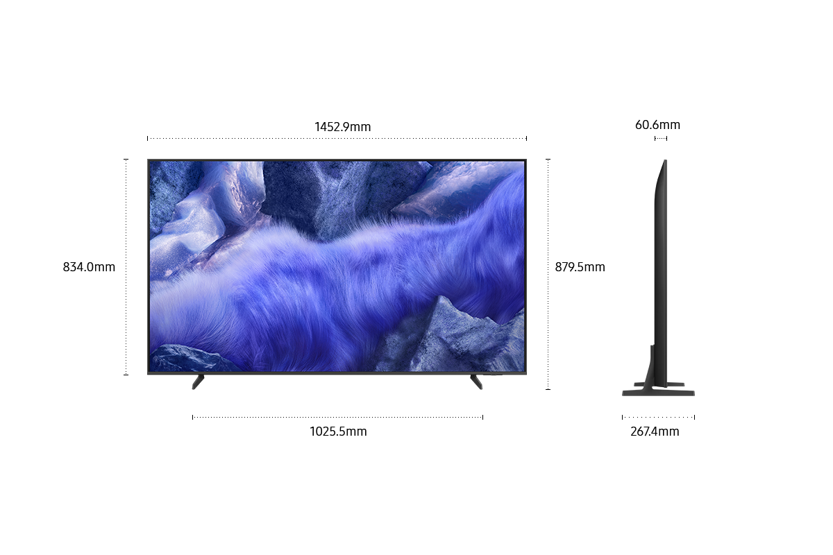 Dimension of Samsung QLED Q7F4 screen only (1452.9 x 834 x 60.6 mm). Height with TitanGray Flat Feet Narrow Stand (879.5 mm). Dimension of TitanGray Flat Feet Narrow Stand. (1025.5 x 267.4 mm).
