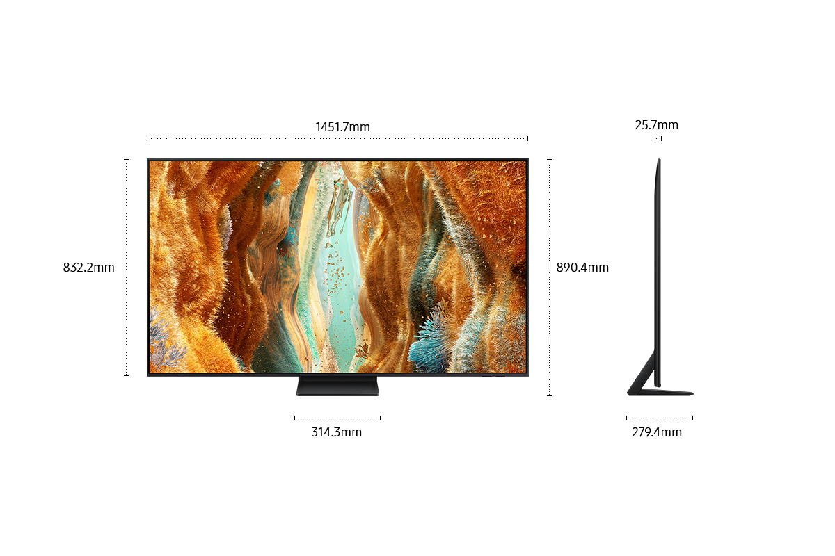 Dimension of Samsung Neo QLED QN70F screen only (1451.7 x 832.2 x 25.7 mm). Height with Black Aero Center Stand (890.4 mm). Dimension of Black Aero Center Stand (314.3 x 279.4 mm).
