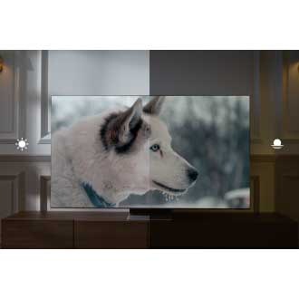 The screen of a Neo QLED TV is split in half with the left side adjusted for daytime watching and right side adjusted for night time watching. 