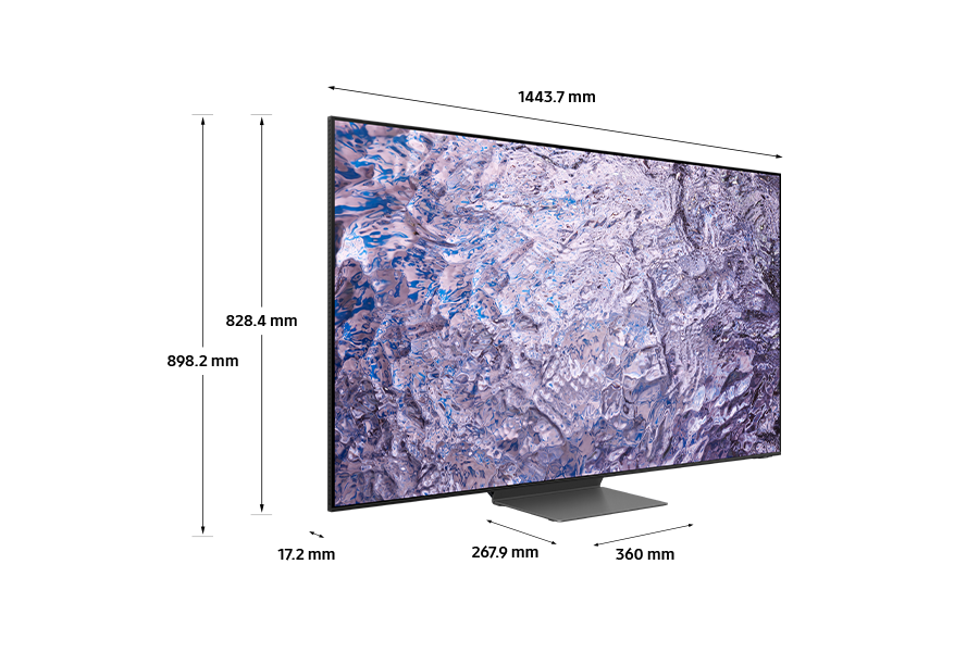 Dimension of Samsung Neo QLED TV (1443.7 x 898.2 x 267.9 mm) QN800C with silver connected stand.