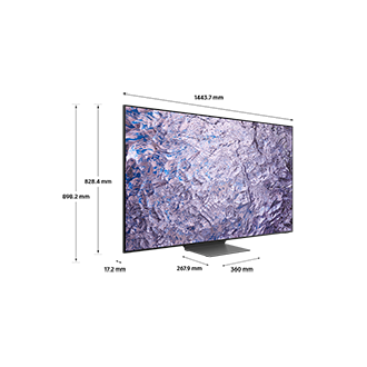 Dimension of Samsung Neo QLED TV (1443.7 x 898.2 x 267.9 mm) QN800C with silver connected stand.
