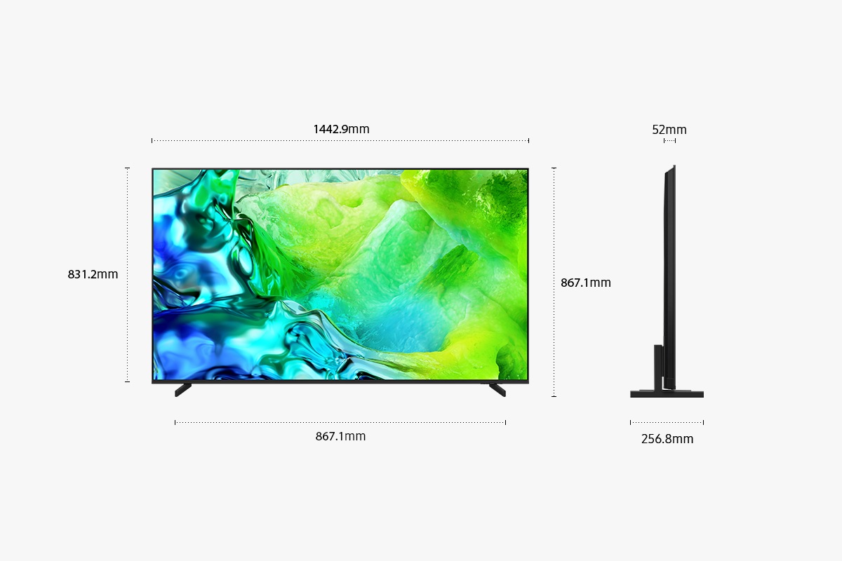 Dimension of Samsung Neo QLED QN80H screen only (1442.9 x 831.2 x 52 mm). Height with TitanBlack Metal Linear Stand (867.1 mm). Dimension of Black Basic feet Stand. (1209.5 x 256.8 mm).