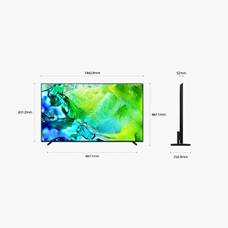 Dimension of Samsung Neo QLED QN80H screen only (1442.9 x 831.2 x 52 mm). Height with TitanBlack Metal Linear Stand (867.1 mm). Dimension of Black Basic feet Stand. (1209.5 x 256.8 mm).