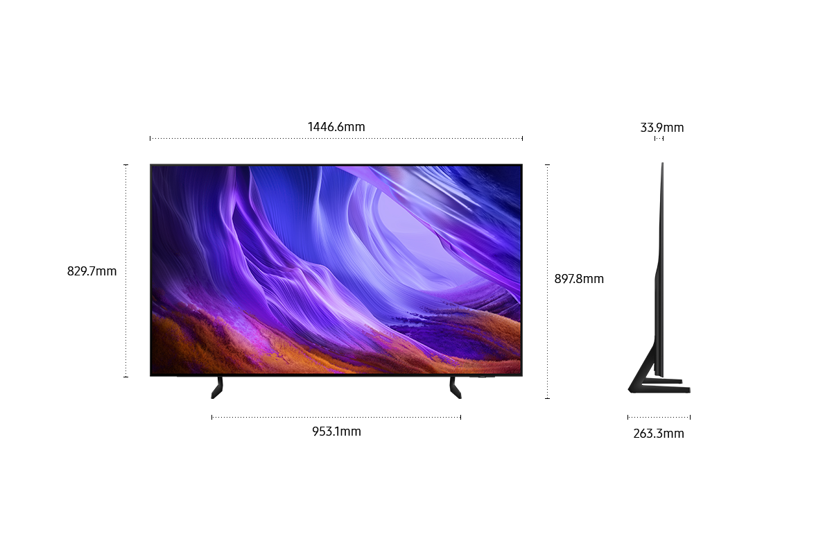 Dimension of Samsung OLED S85H screen only (1446.6 x 829.7 x 33.9 mm). Height with Black Simple Linear Stand (897.8 mm). Dimension of Black Simple Linear Stand. (953.1 x 263.3 mm).