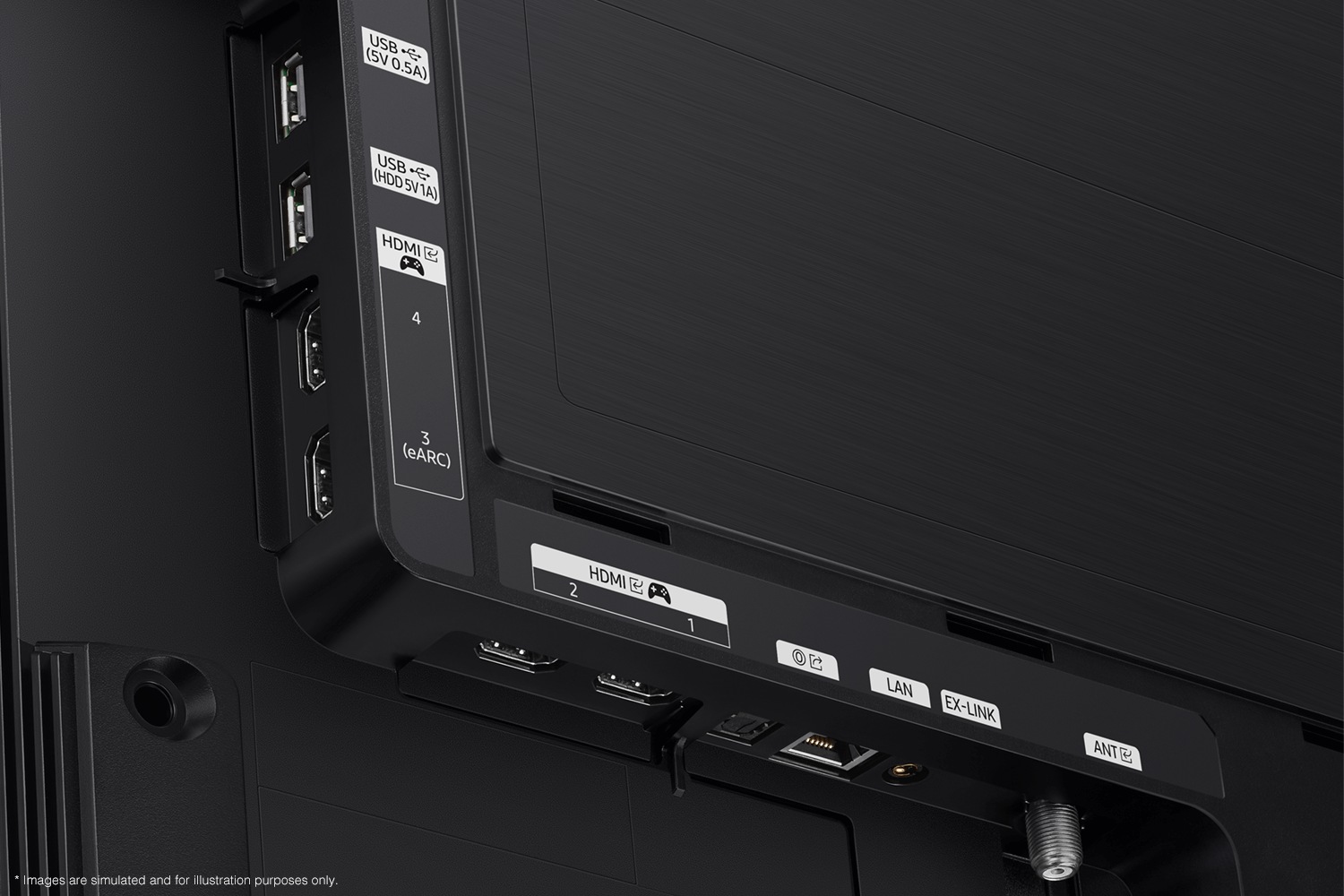 Samsung 2023 OLED S90C has USB, HDMI, LAN, antenna ports and etc. on the side and the bottom.