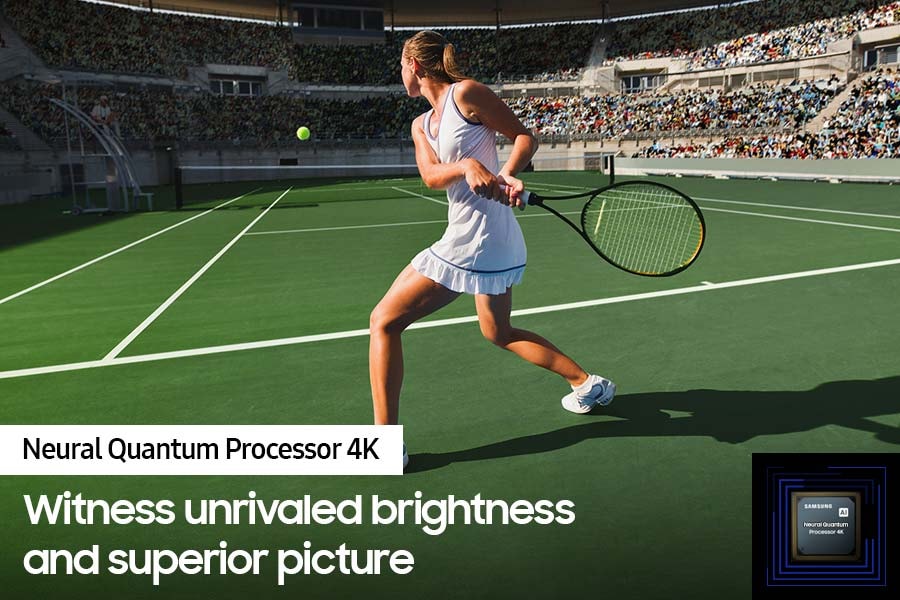 A woman is playing tennis in front of a large crowd. The Neural Quantum Processor 4K processes the many objects on display and enhances the entire scene. Neural Quantum Processor 4K is on display in the lower lefthand corner.