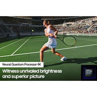 A woman is playing tennis in front of a large crowd. The Neural Quantum Processor 4K processes the many objects on display and enhances the entire scene. Neural Quantum Processor 4K is on display in the lower lefthand corner.