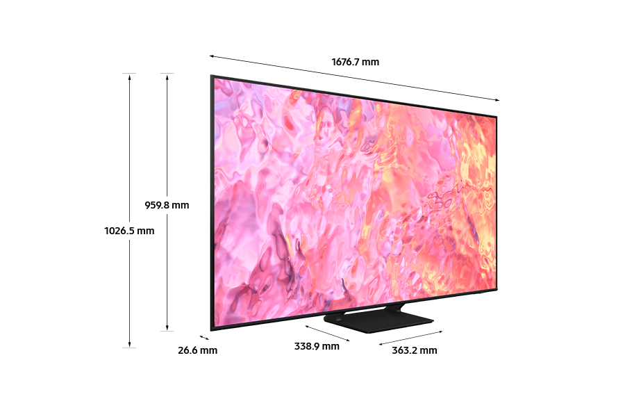 Dimension of Samsung QLED TV (1676.7 x 1026.5 x 338.9 mm) Q60C with black center stand