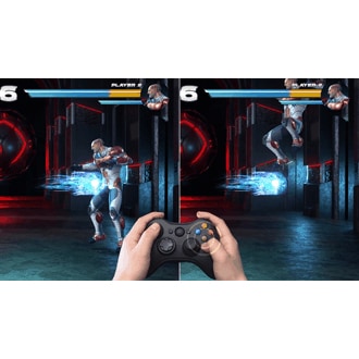 A scene in a game is on display while a person plays with the gaming console. 