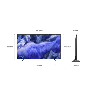 Dimension of Samsung QLED Q7F4 screen only (1677.5 x 962.4 x 61.1 mm). Height with TitanGray Flat Feet Narrow Stand (1006.3 mm). Dimension of TitanGray Flat Feet Narrow Stand. (1253.6 x 325 mm).