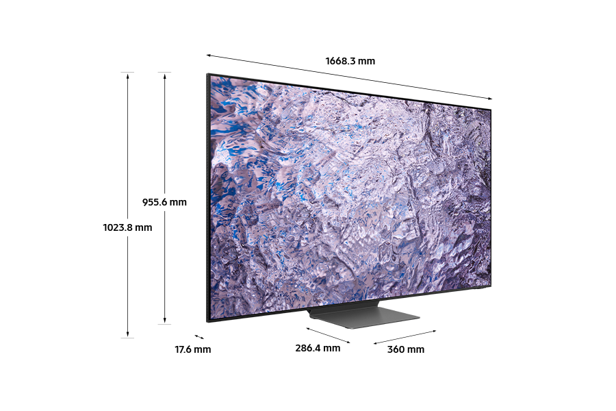 Dimension of Samsung Neo QLED TV (1668.3 x 1023.8 x 286.4 mm) QN800C with silver connected stand.