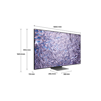 Dimension of Samsung Neo QLED TV (1668.3 x 1023.8 x 286.4 mm) QN800C with silver connected stand.