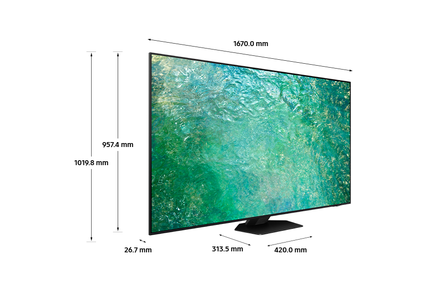 Dimension of Samsung Neo QLED TV (1670.0 x 1019.8 x 313.5 mm) QN85C with black hexagon plate stand.