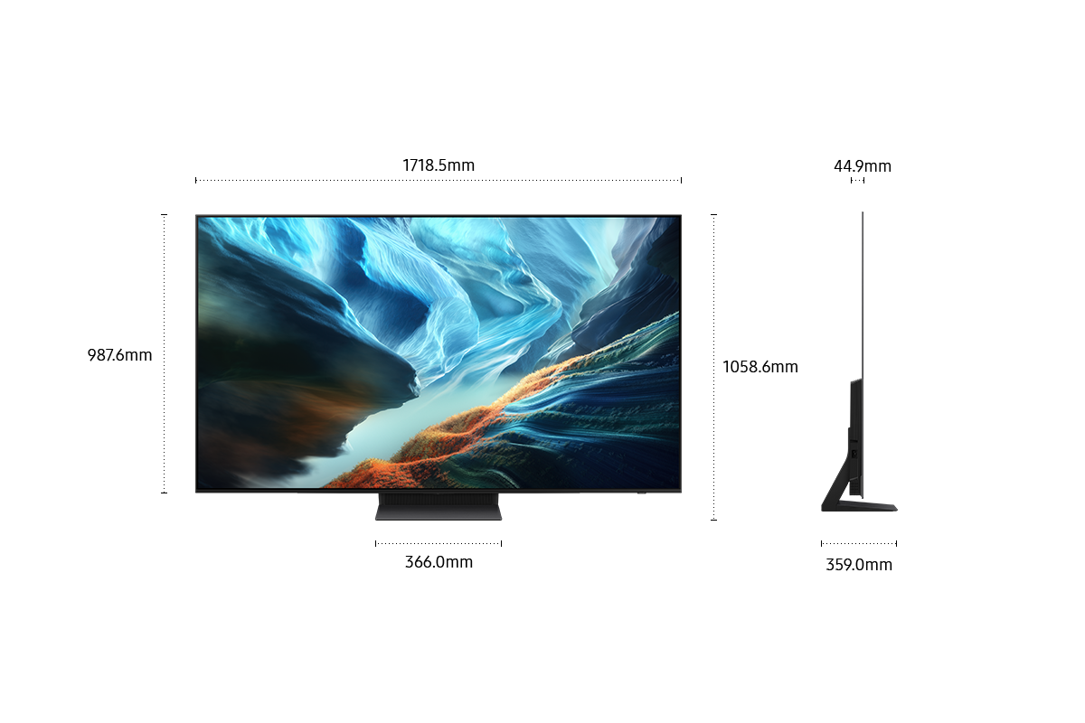 Dimension of Samsung OLED S90H screen only (1718.5 x 987.6 x 44.9 mm). Height with Space Titan Simple Plus Blade Stand (1058.6 mm). Dimension of Space Titan Simple Plus Blade Stand. (366.0 x 359.0 mm).