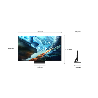 Dimension of Samsung OLED S90H screen only (1718.5 x 987.6 x 44.9 mm). Height with Space Titan Simple Plus Blade Stand (1058.6 mm). Dimension of Space Titan Simple Plus Blade Stand. (366.0 x 359.0 mm).