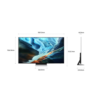 Dimension of Samsung OLED S90H screen only (1851.0 x 1062.8 x 44.9 mm). Height with Space Titan Simple Plus Blade Stand (1133.7 mm). Dimension of Space Titan Simple Plus Blade Stand. (366.0 x 359.0 mm).
