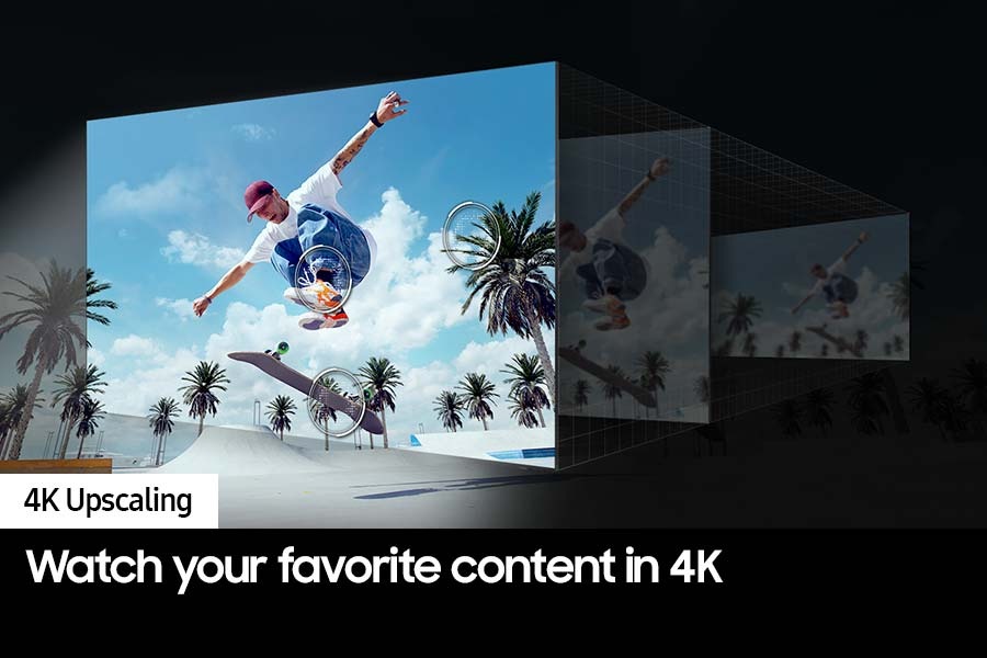 4K Upscaling technology works behind the scenes to optimize the details of an airborne skateboarder into great clarity.