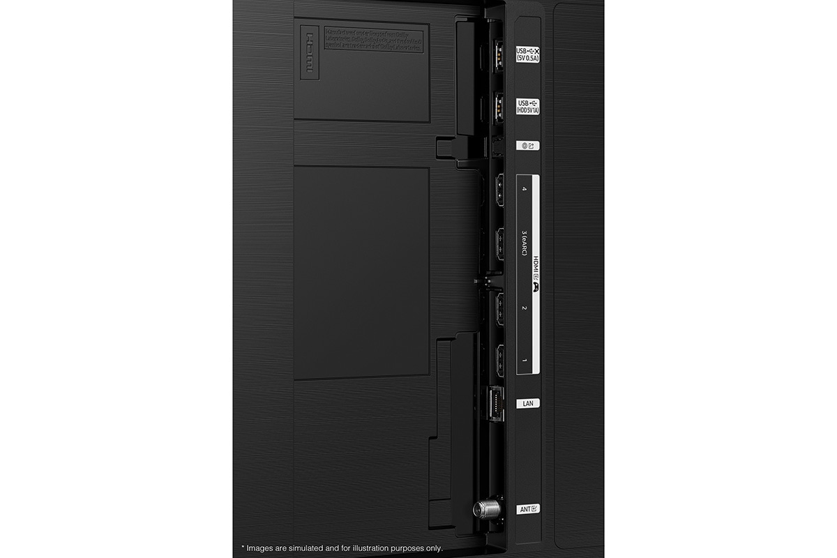 Samsung 2022 QLED Q70B has USB, HDMI, LAN, antenna ports and etc. on the side.