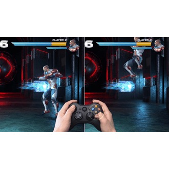 A scene in a game is on display while a person plays with the gaming console. 