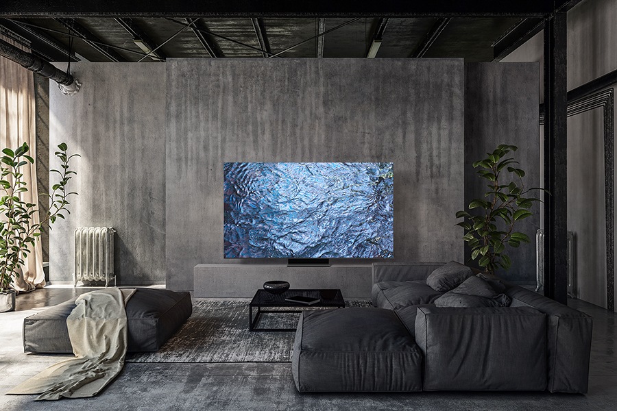 A Neo QLED TV is on display in chic living room.