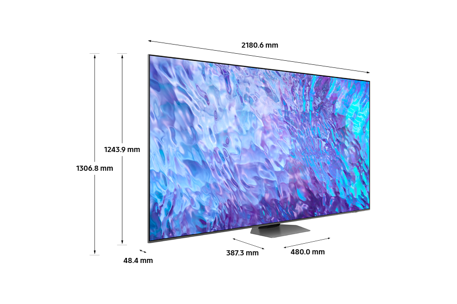 Dimension of Samsung QLED TV(2180.6 x 1306.8 x 387.3 mm) 98inch Q80C with new silver hexagon plate stand