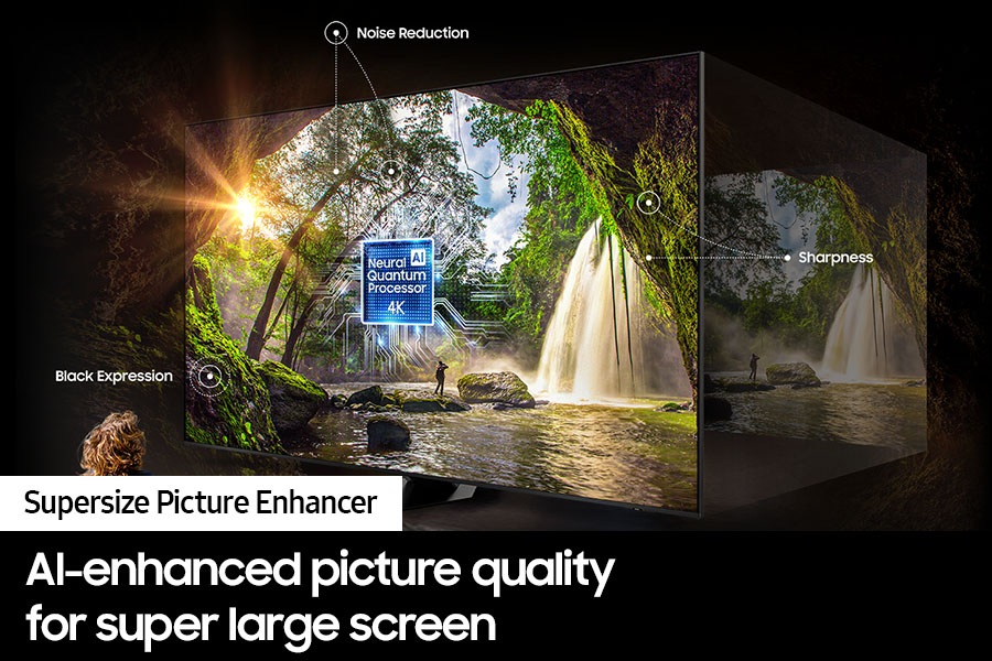 A 98inch QLED TV Q80C with Samsung’s Supersize Picture Enhancer improves content