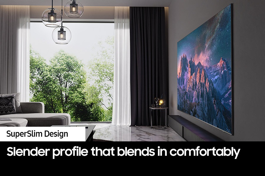 Profile view of a 98 inch QLED TV Q80C shows super slim design of QLED TV SuperSlim Design
