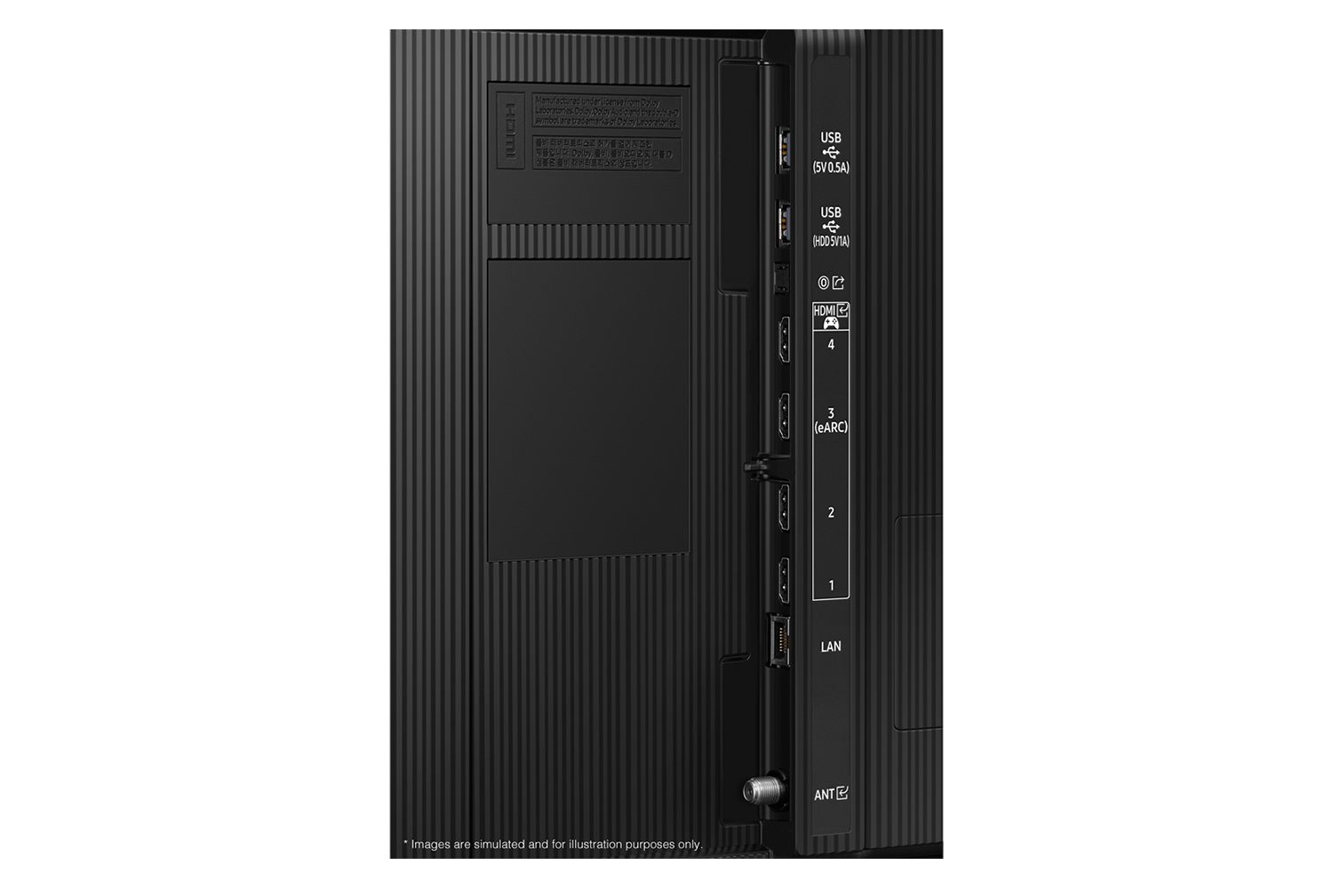 Samsung 2023 QLED 4K Q80C has USB, HDMI, LAN, antenna ports and etc. on the side and the bottom. 